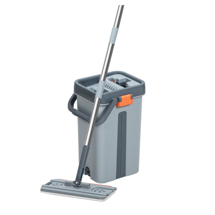 Cleaning mop with bucket, 2 pads, and self-wash squeeze system for efficient home floor cleaning 