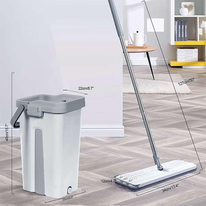 Cleaning mop with bucket, 2 pads, and self-wash squeeze system for efficient home floor cleaning Dimensions