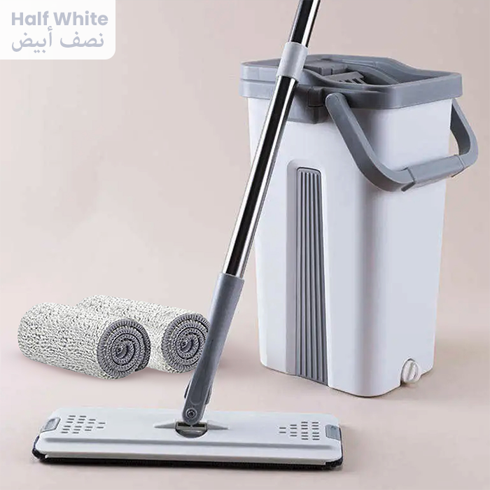 Cleaning mop with bucket, 2 pads, and self-wash squeeze system for efficient home floor cleaning half white
