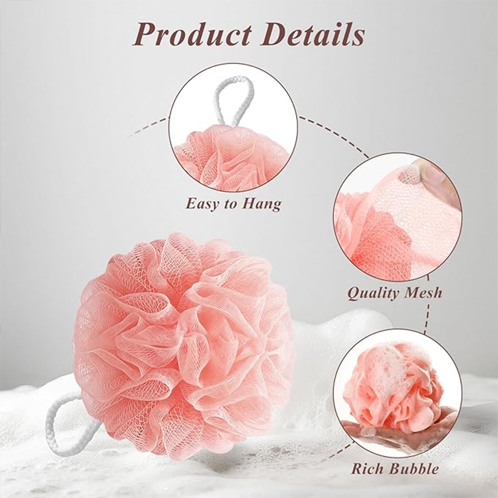 bath sponge product details showing hanging loop mesh texture and rich foam generation Qatar