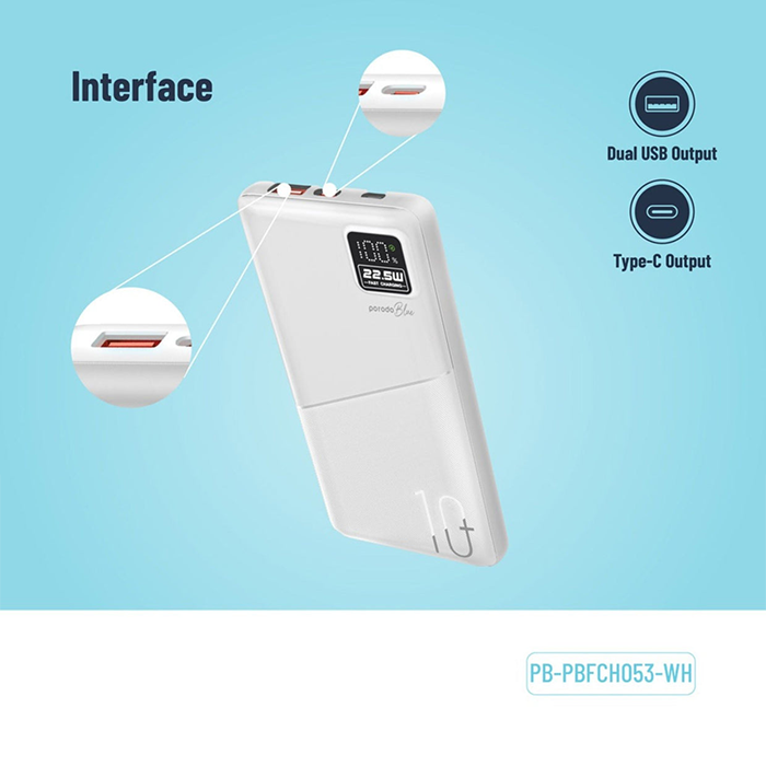 Porodo Blue 10000mAh power bank interface with dual USB output and Type-C port fast charging portable charger Qatar