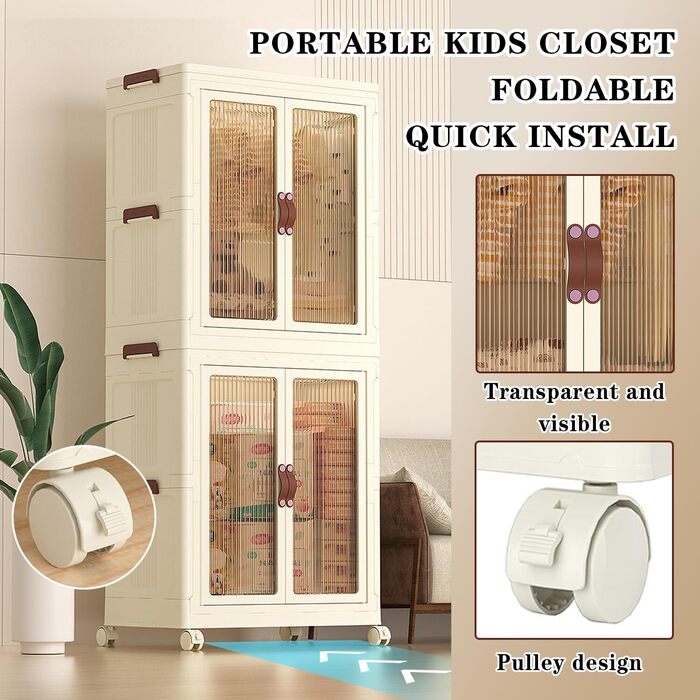 Collapsible Kids Closet, Portable Children's Wardrobe With Wheels Quick install