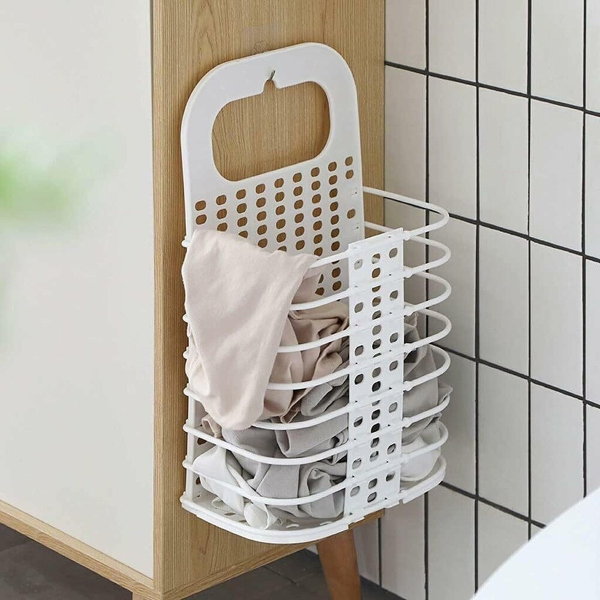 Laundry Hamper Bag for  Home, Office, Wall Mounted Bathroom Hanging Foldable Plastic Laundry storage Basket in white