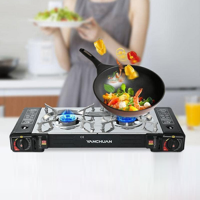 Compact gas stove ideal for camping, featuring a reliable portable stove build from Homesouq Qatar