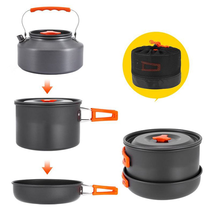 Multi-piece camping cookware set with foldable handles, portable design by Homesouq Qatar