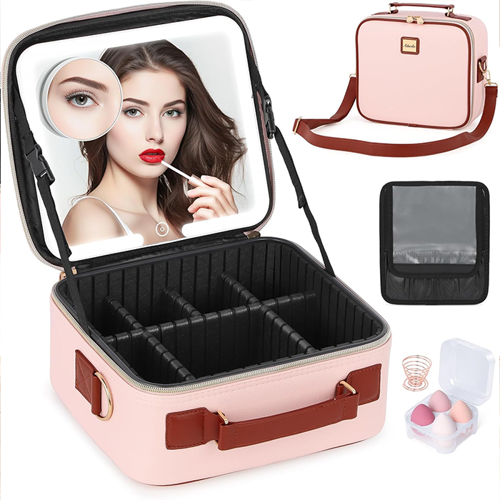 Portable makeup box with LED mirror and shoulder strap for travel Qatar