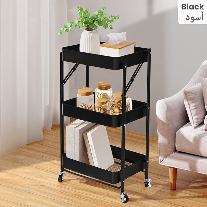 Compact foldable storage 3 shelf rack, ideal storage organization from Homesouq Qatar black