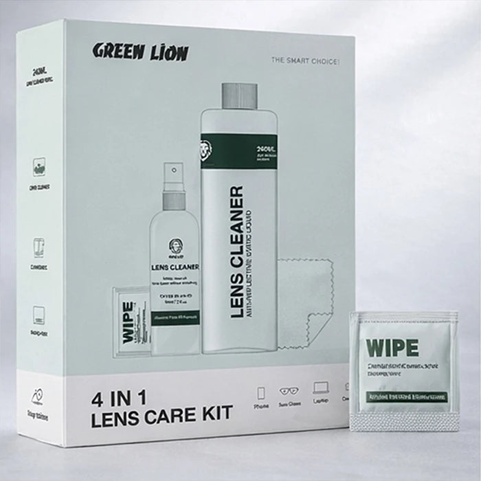 Green Lion 4 in 1 lens cleaning kit packaging with wipes and spray bottle Homesouq Qatar