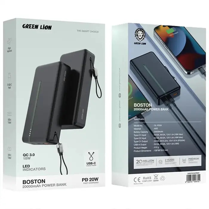 Green Lion Boston 20000mAh power bank retail packaging front and back view Homesouq Qatar
