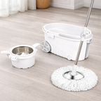 Cleaning mop set with microfiber mop head stainless steel spinner and wheeled bucket system Qatar