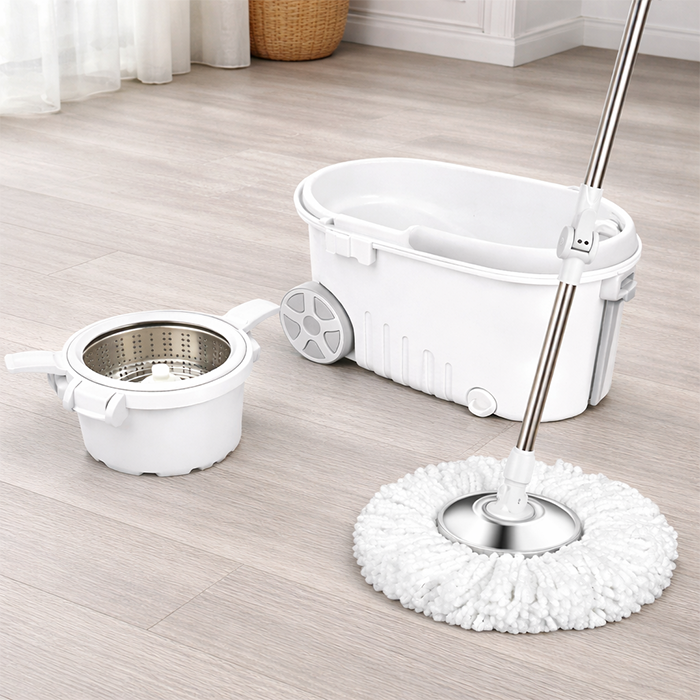 Cleaning mop set with microfiber mop head stainless steel spinner and wheeled bucket system Qatar