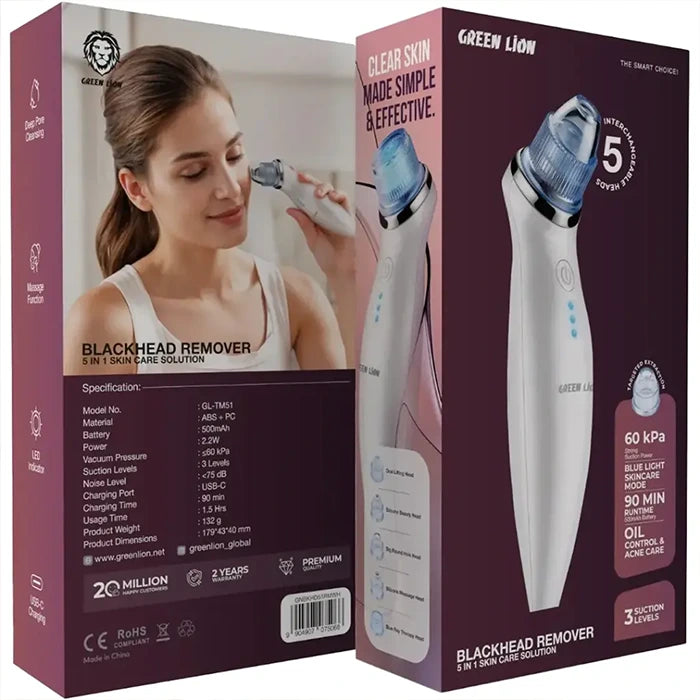 Facial cleansing tool packaging showing Green Lion product features and accessories in  Homesouq Qatar