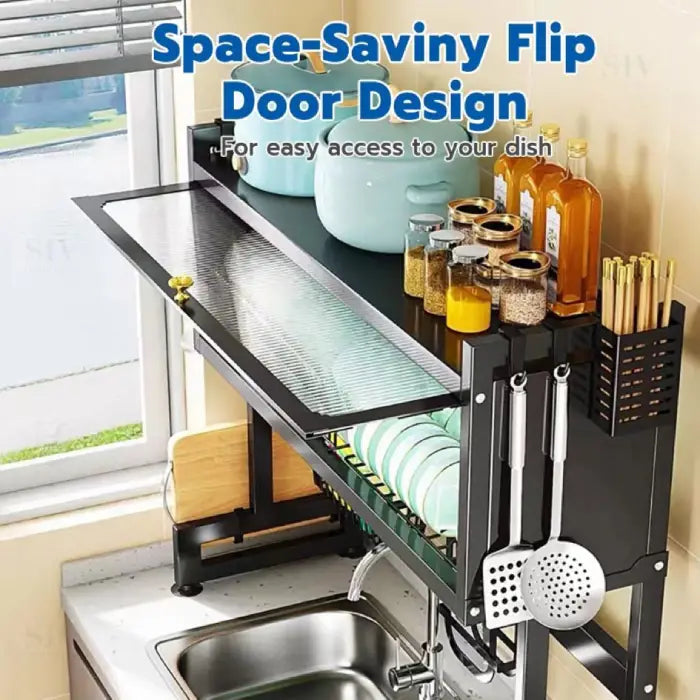 Over sink drying rack with flip door design for easy dish access in kitchen over sink drying rack Homesouq Qatar