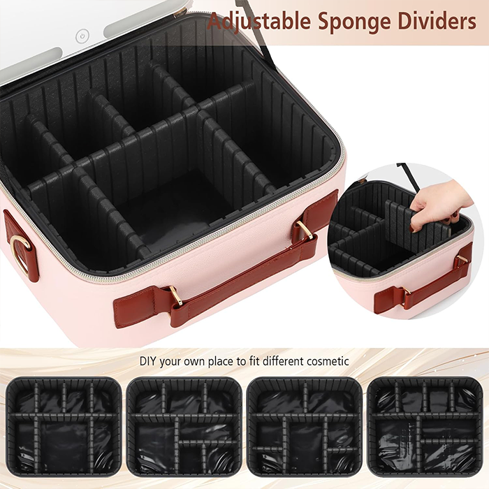 Adjustable sponge dividers inside cosmetic organizer case for custom storage Qatar