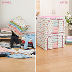 Cloth storage box before and after showing organized clothes using foldable cloth organizer box and clothes container Qatar