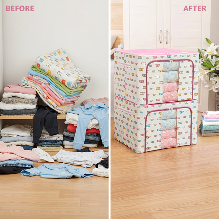 Cloth storage box before and after showing organized clothes using foldable cloth organizer box and clothes container Qatar