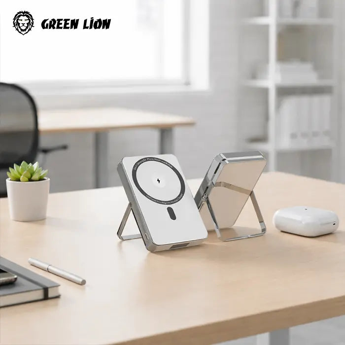 Green Lion Mirror power bank with built-in kickstand standing on office desk wireless charging – Homesouq Qatar