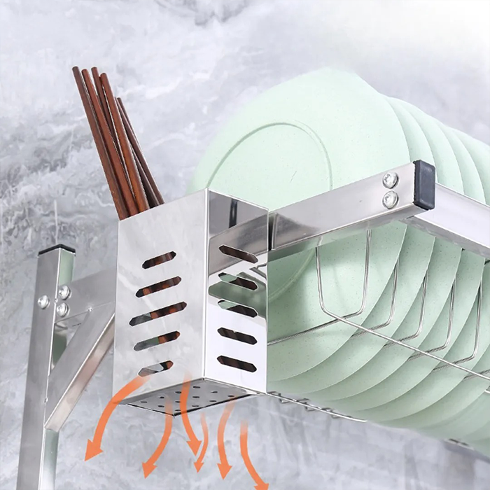 Close view of dish drainer tray corner showing ventilation and steel frame finish Qatar