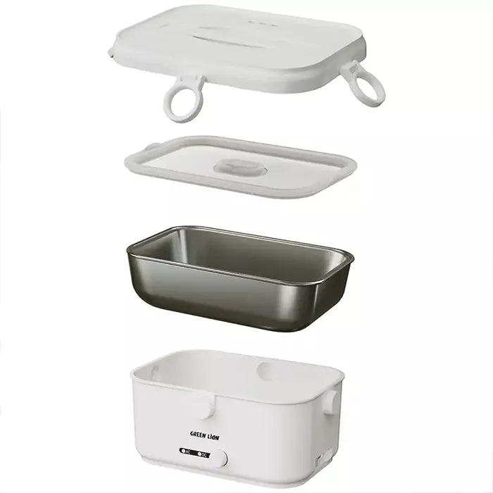 Exploded view of Green Lion electric lunch box showing lid tray and inner steel container Qatar Homesouq Qatar