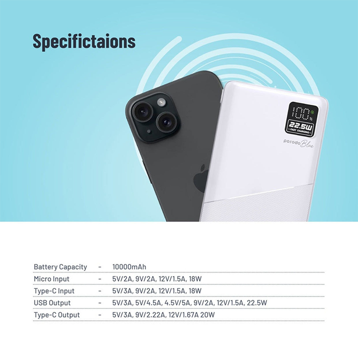 Porodo Blue power bank specifications showing 10000mAh battery and fast charging output portable charger power bank Qatar