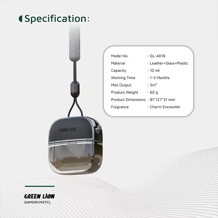 Green Lion car diffuser specifications showing capacity material and working time details Qatar