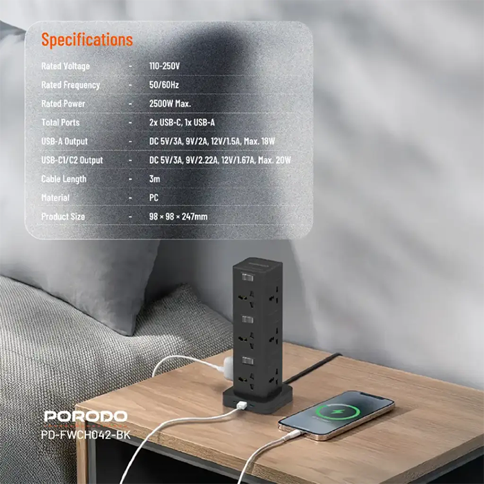 Porodo power hub specifications showing 12 AC sockets, USB-C PD output and safety features Qatar
