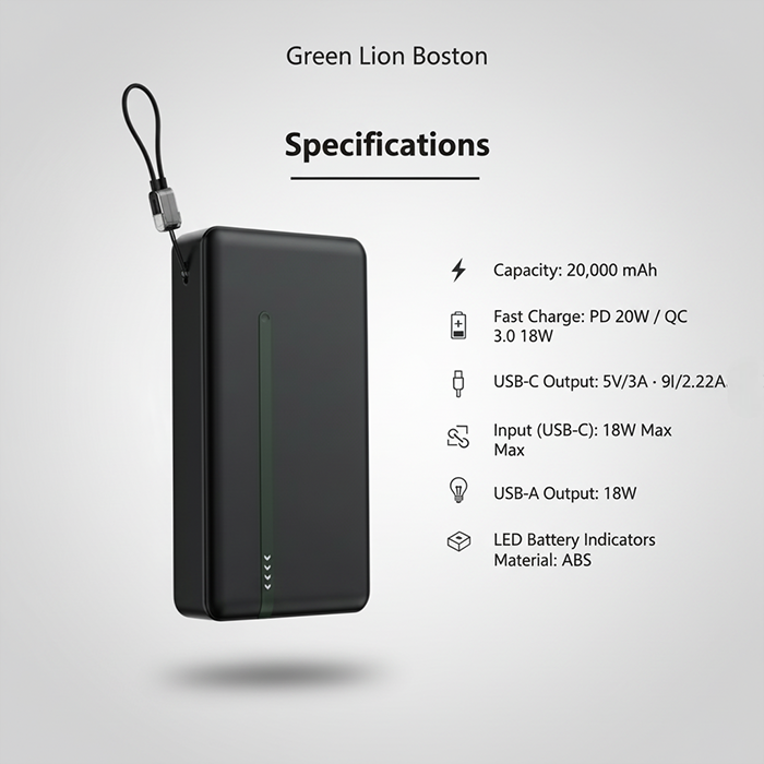 Green Lion Boston power bank specifications showing 20000mAh fast charge details Homesouq Qatar