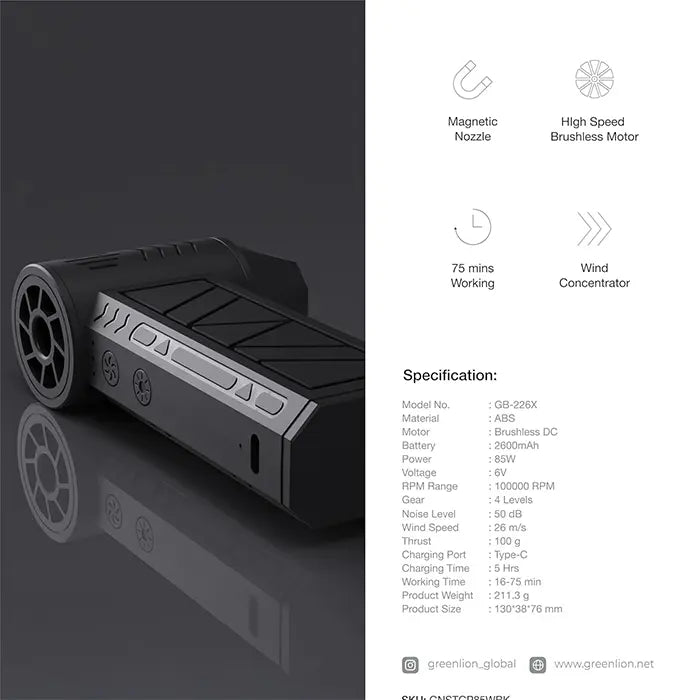 Green Lion air blower turbofan close up showing controls ports and specifications panel Homesouq Qatar