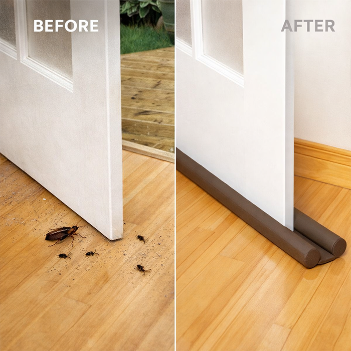 Before and after door guard installed showing door stopper sealing gap to block dust and airflow at door bottom Qatar