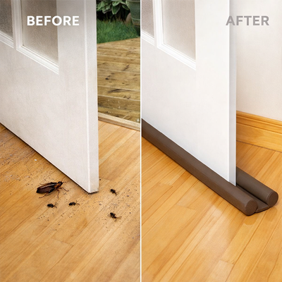 Before and after door guard installed showing door stopper sealing gap to block dust and airflow at door bottom Qatar