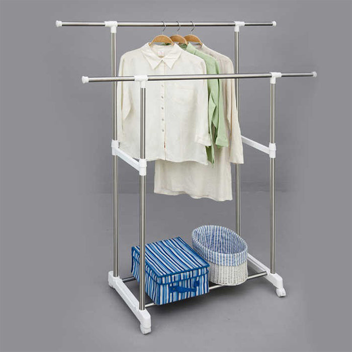 Double Rods Clothes Drying Stand, Garment Rack with Wheels 