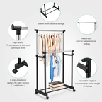 Double Rods Clothes Drying Stand, Garment Rack with Wheels Height Adjustable Hanger Durable