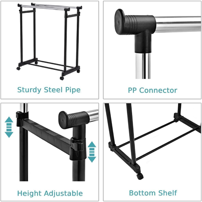 Double Rods Clothes Drying Stand, Garment Rack with Wheels Height Adjustable Hanger Sturdy