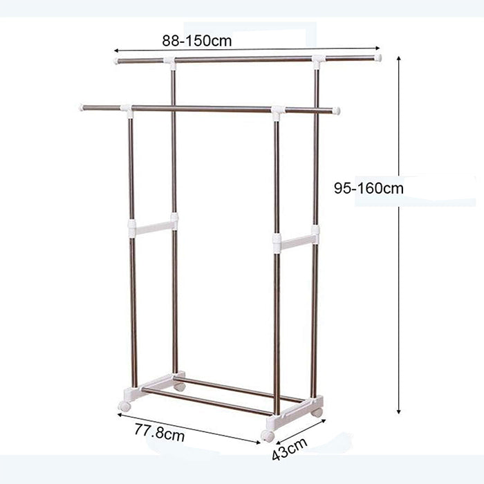 Double Rods Clothes Drying Stand, Garment Rack with Wheels Height Adjustable Hanger dimensions