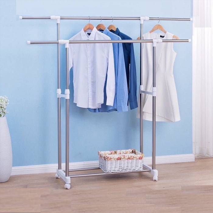 Double Rods Clothes Drying Stand, Garment Rack with Wheels Height Adjustable Hanger effortlss laundry