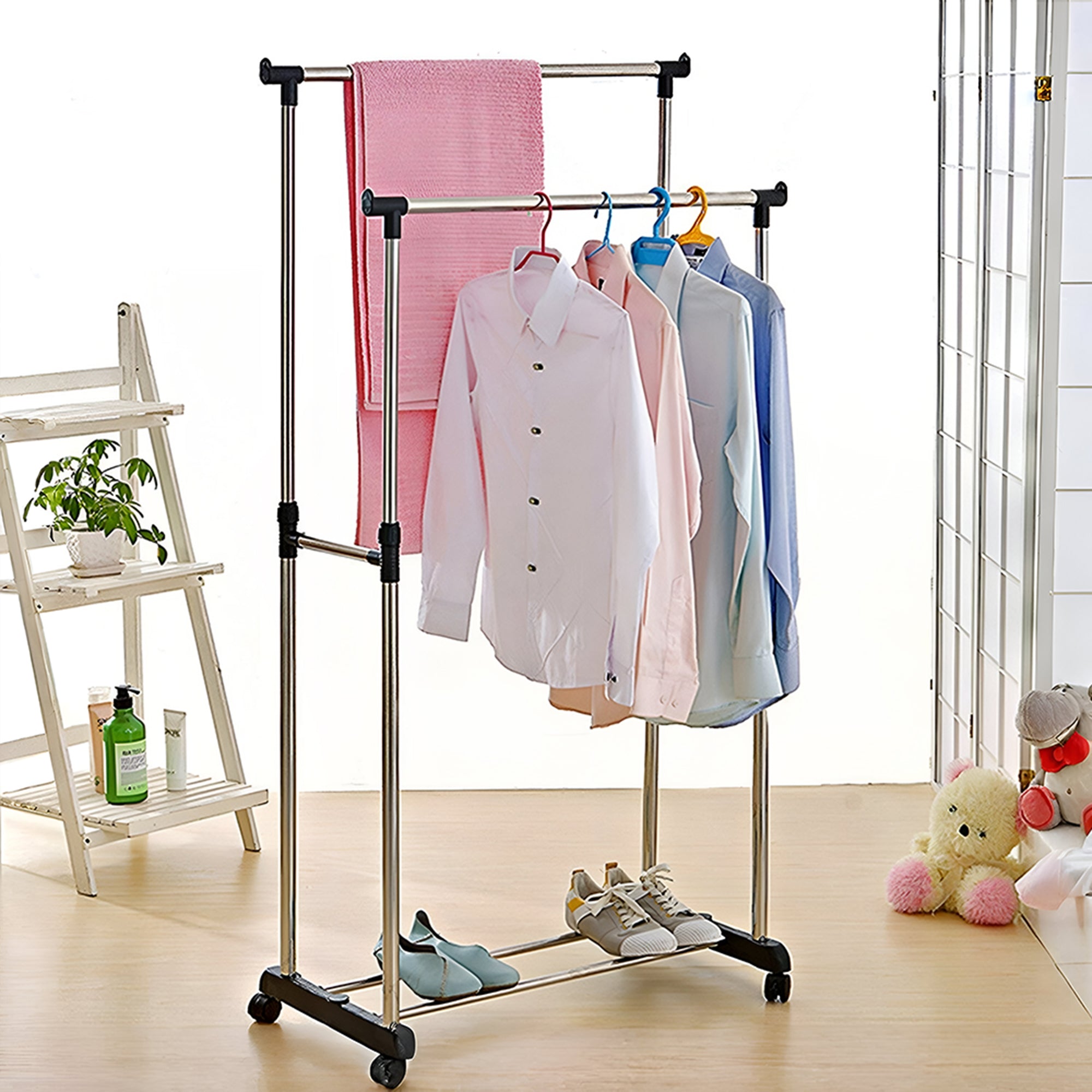 Double Rods Clothes Drying Stand, Garment Rack with Wheels Height Adjustable Hanger perfect