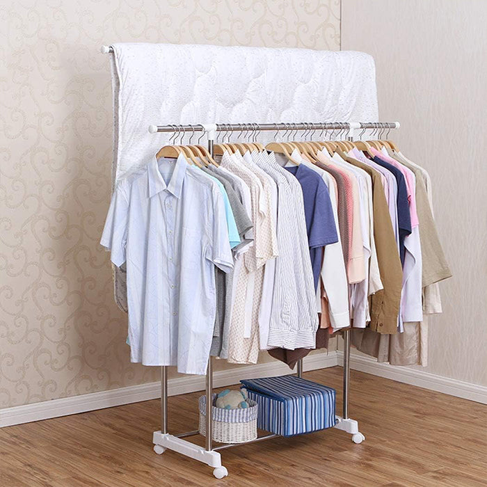 Double Rods Clothes Drying Stand, Garment Rack with Wheels Height Adjustable Hanger stainless steel