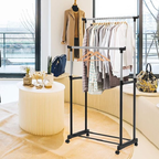 Double Rods Clothes Drying Stand, Garment Rack with Wheels Height Adjustable Hanger stainless steel