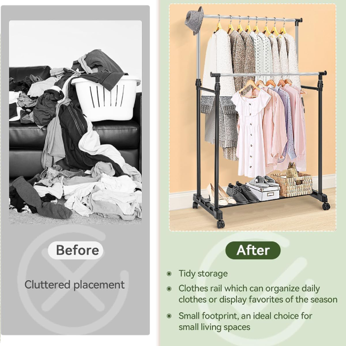 Double Rods Clothes Drying Stand, Garment Rack with Wheels Height Adjustable Hanger transformation