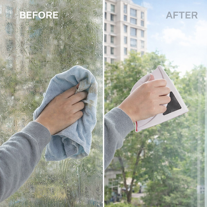 Before and after magnetic window cleaner removing dirt for clear glass using magnetic glass cleaner tool Qatar