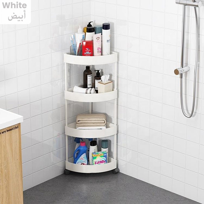 angled view of 4-tier corner rack showing sturdy shelves and rolling caster wheels Qatar
