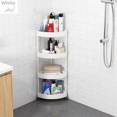 angled view of 4-tier corner rack showing sturdy shelves and rolling caster wheels Qatar