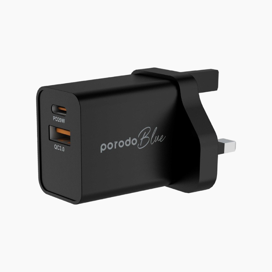 Durable Porodo Blue Dual Port Wall Charger USB-A Quick Charge 3.0
