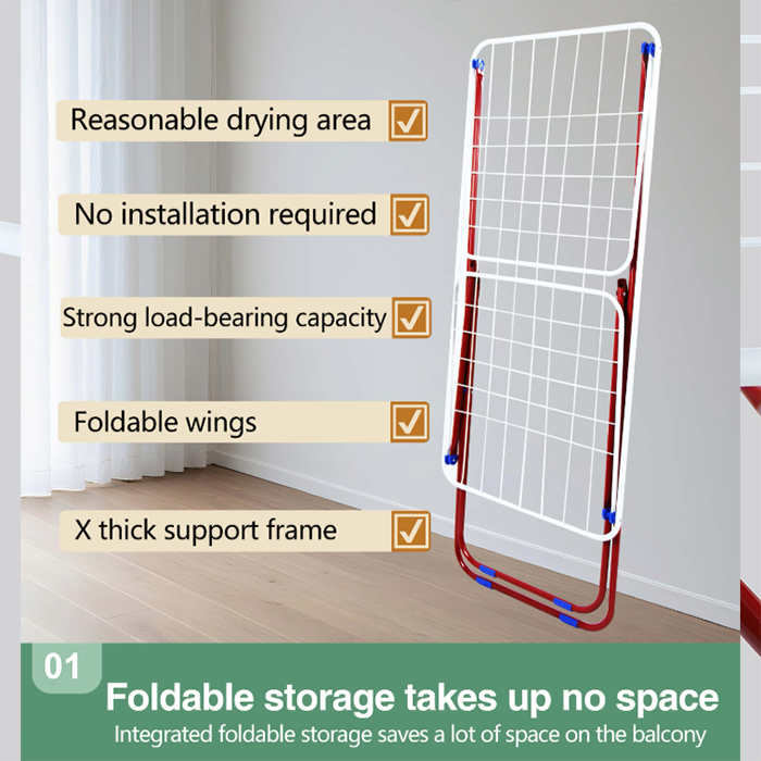 Stainless steel clothes drying rack with extendable side wings and red frame Qatar