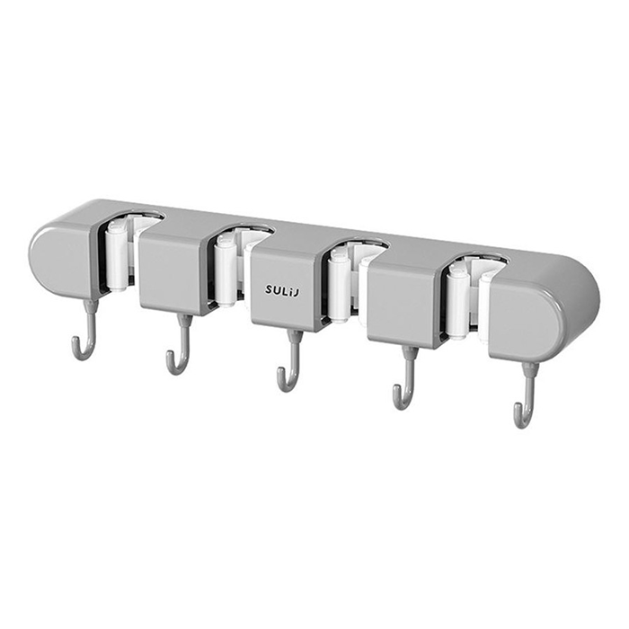Grey mop holder rack with five clips and hanging hooks isolated product view Qatar