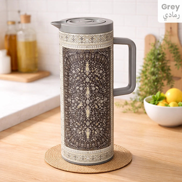 Grey stainless steel vacuum flask bottle with patterned finish in kitchen Homesouq Qatar