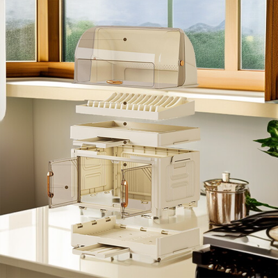 Exploded view of plastic dish rack storage cabinet showing removable trays and structure Qatar