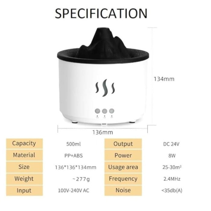 Electric Aroma Air Humidifier Volcano Mountain Flame Essential Oil Diffuser specifications