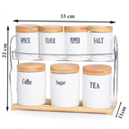 Ceramic jar set with wooden lids and metal rack, stylish storage jars for coffee, tea, sugar, salt, and spices Qatar