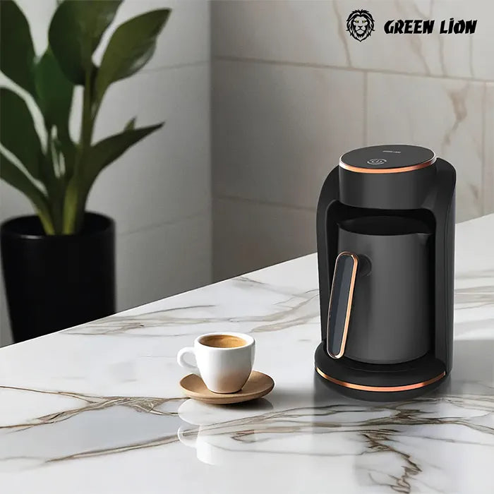 Coffee mug served with coffee maker machine on marble table modern setup Homesouq Qatar